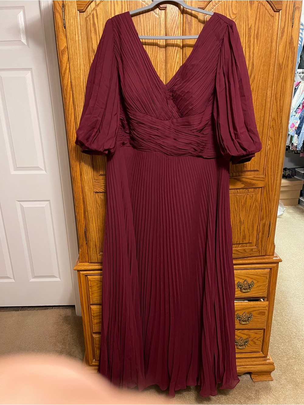 Elegant Burgundy Pleated Long-Sleeve Maxi Gown, Perfect MOB or MOG